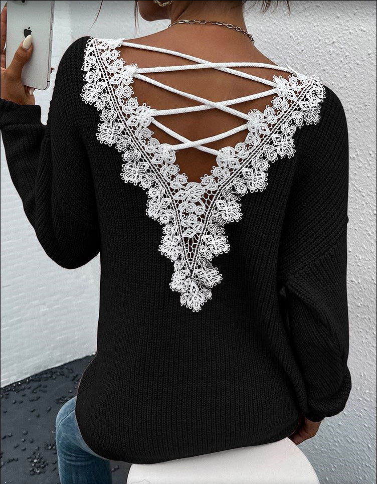 Women Lace Patchwork Sexy Backless Cutout V-Neck Long-Sleeved Sweater 3