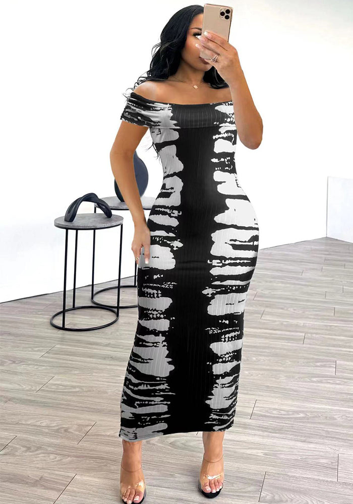 Women Sexy Off Shoulder Print Sleeveless Bodycon Dress