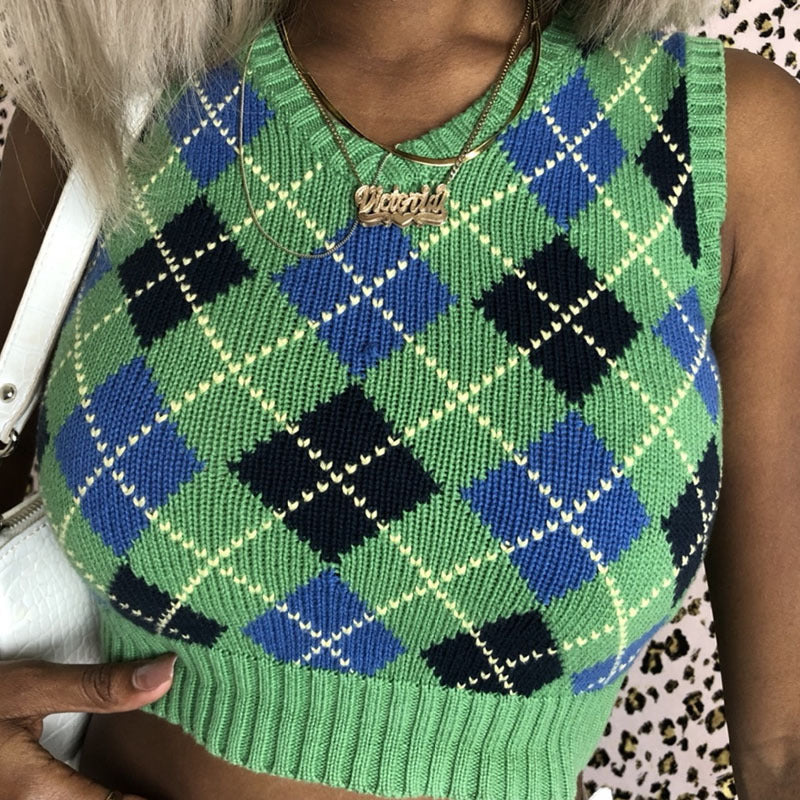 Women Solid Plaid Sleeveless V-Neck Sweater 15