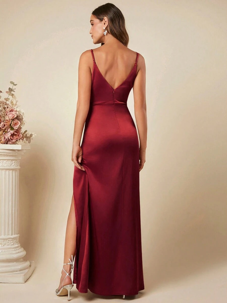 Women's Spring Summer Strap Satin Dress Sexy Pleated Bridesmaid Dress 36