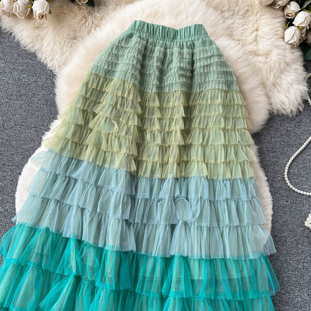 Women  Irregular Gradient Cascading Ruffles Puffy Mesh Skirt 24