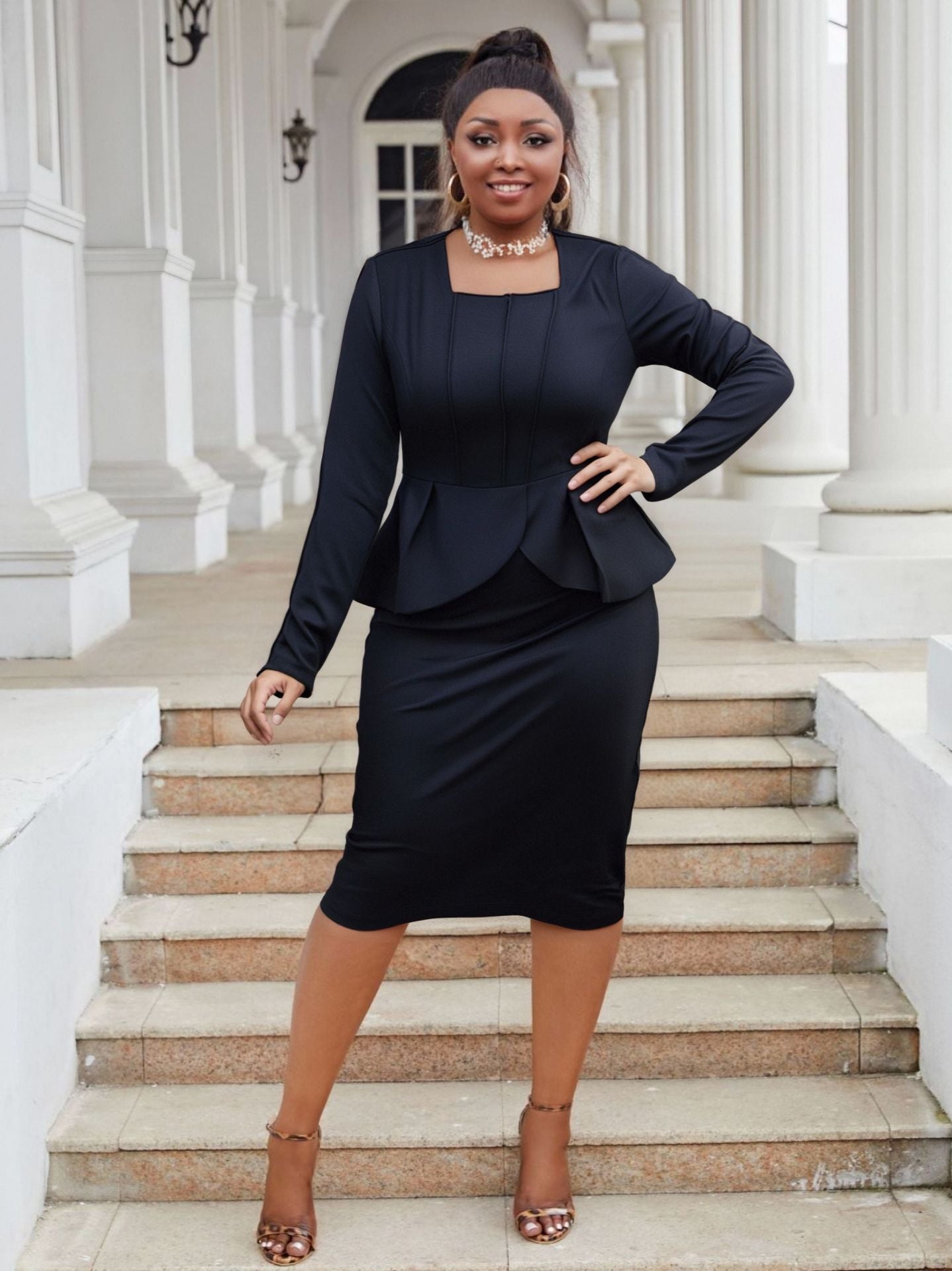 Plus Size Women deep U-neck long sleeve ruffled bodycon dress