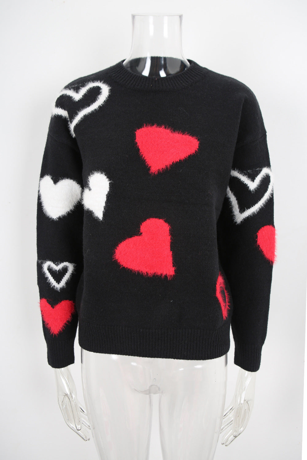 Spring Sweater Heart Print Valentine's Day Sweater Round Neck Knit Pullover Top 9
