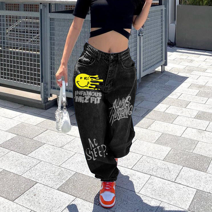 Women Letter Printed Casual Wide-leg Denim Pants