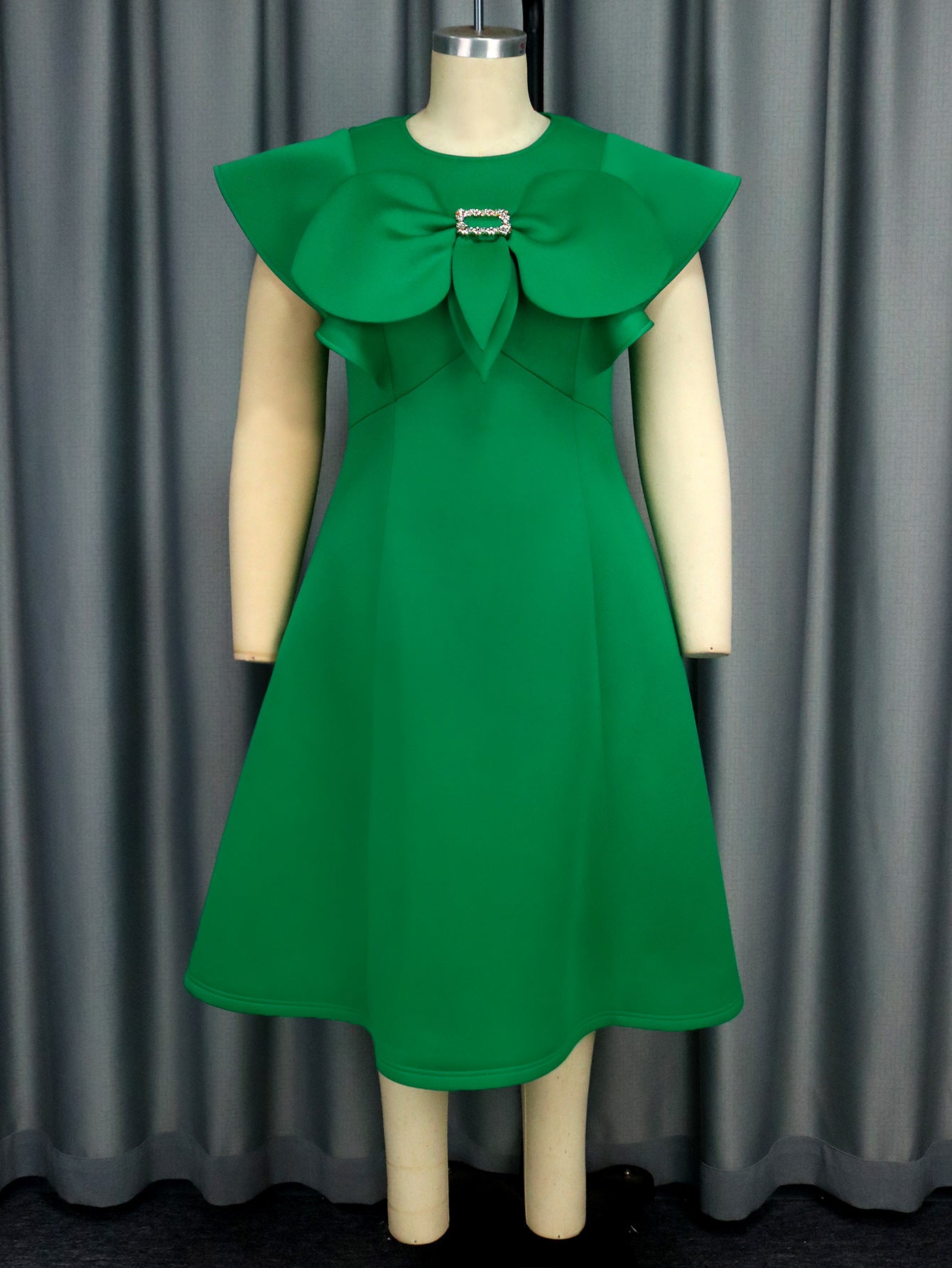 Bow Round Neck Cape Sleeve Formal Party A-Line Dress