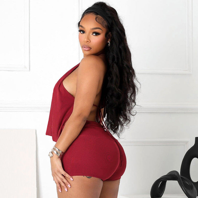 Women Summer Halter Neck Backless Strapless Top Shorts Two Piece Set 6