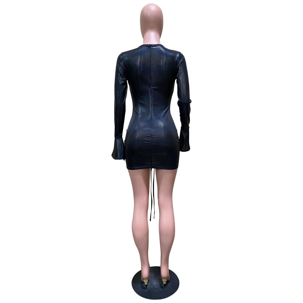 Women's Autumn And Winter Sexy Bell Bottom Sleeve Drawstring Lace-Up Dress 6