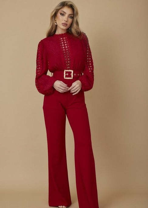 Women Elegant Lace Patchwork Lace-Up Wide-Leg Jumpsuit 20