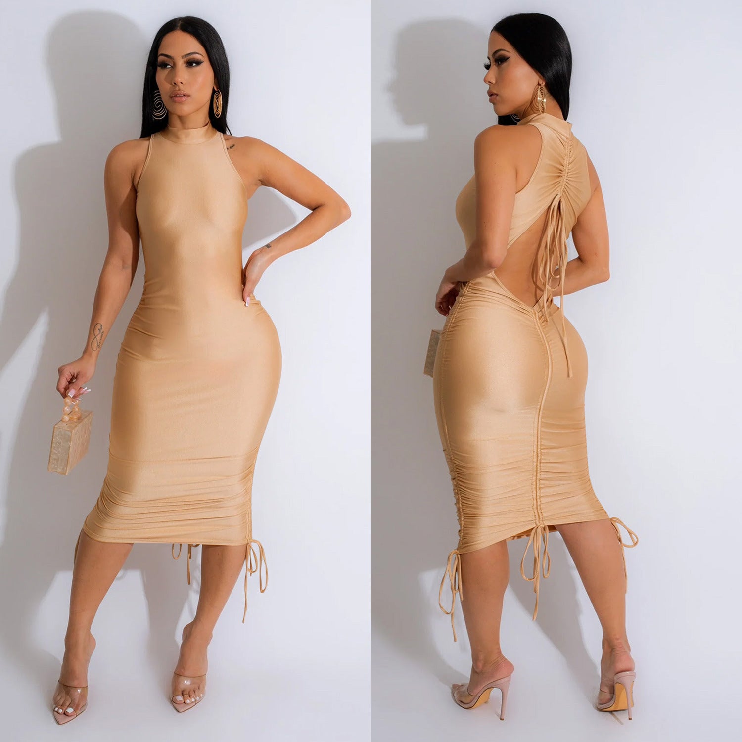 Women's Fashion Solid Color Sexy Sleeveless Low Back Pleated Drawstring Bodycon Dress 5