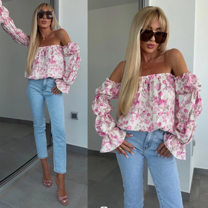 Off-Shoulder Solid Color Sexy Floral Print Long-Sleeve Shirt 5