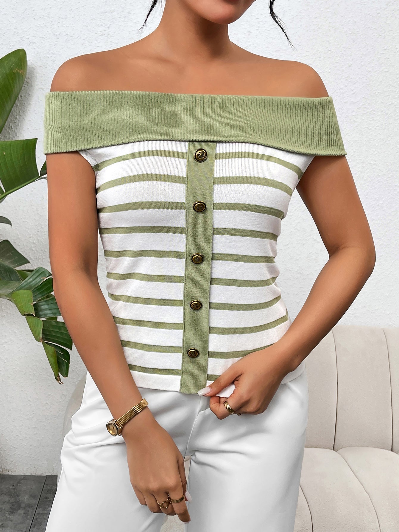 Spring/Summer Women's Fashion Long-Sleeve Striped Off-Shoulder Knit Top 28