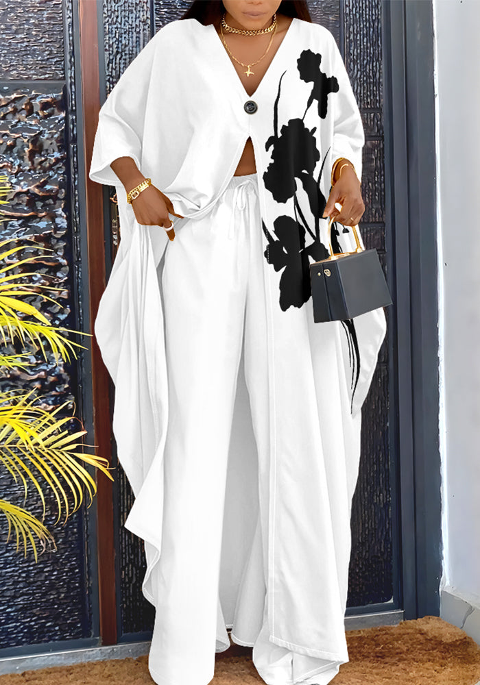 Women's Fashion Printed V-Neck Loose Long Sleeve Blouse Wide-Leg Pants Set