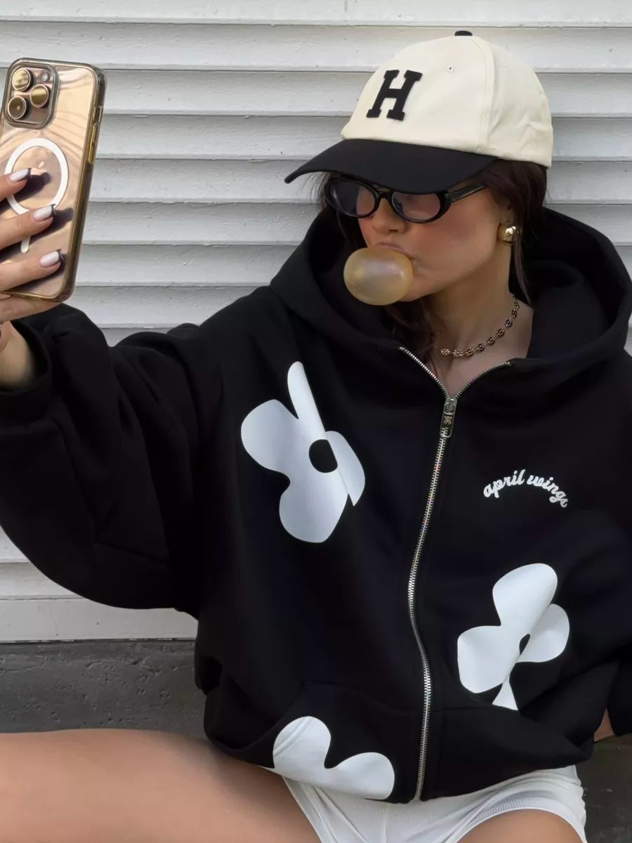 Women Trendy Autumn/Winter Floral Print Zipper Hoodies
