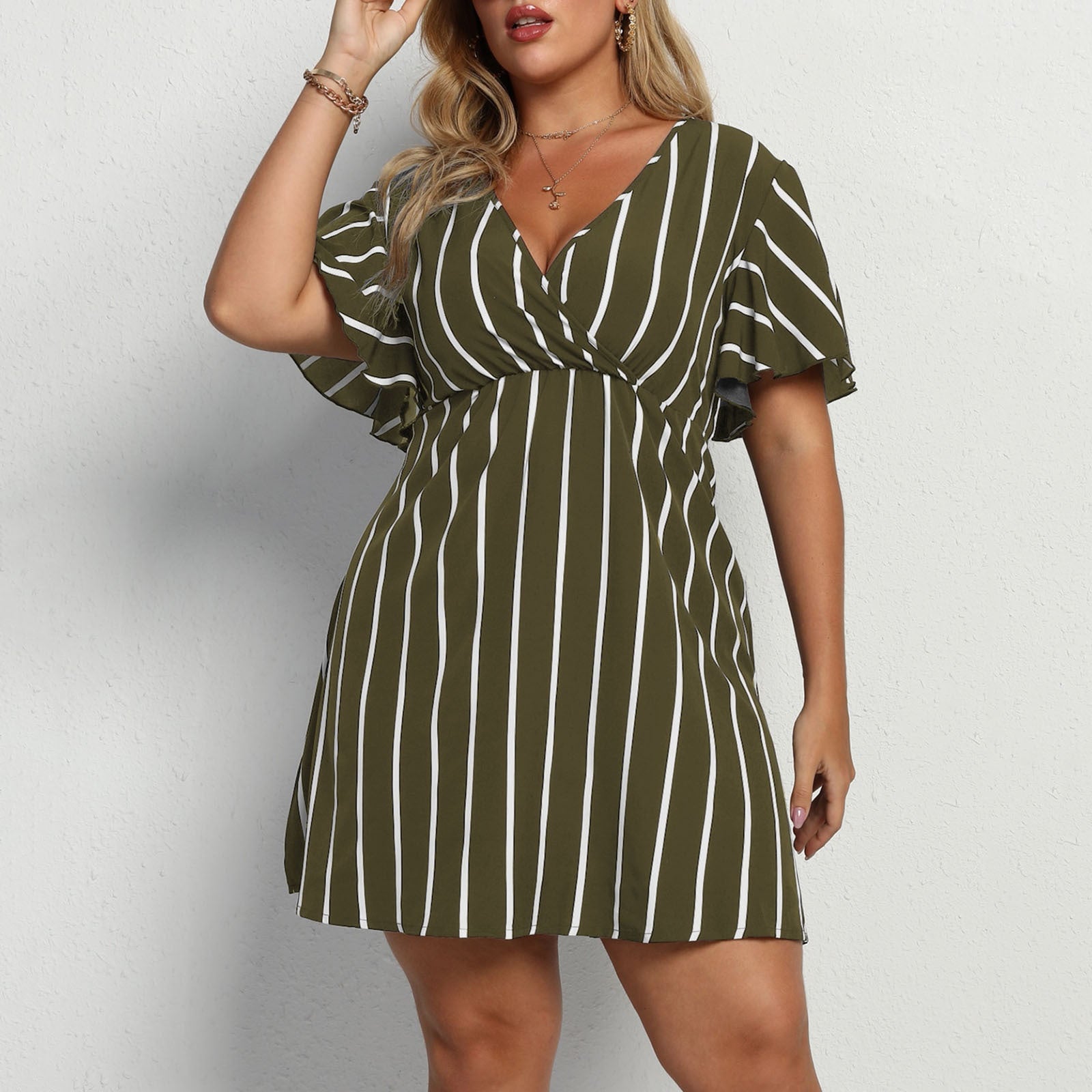 Plus Size Women Striped V-Neck Short Sleeve Loose Bohemian Dress 7
