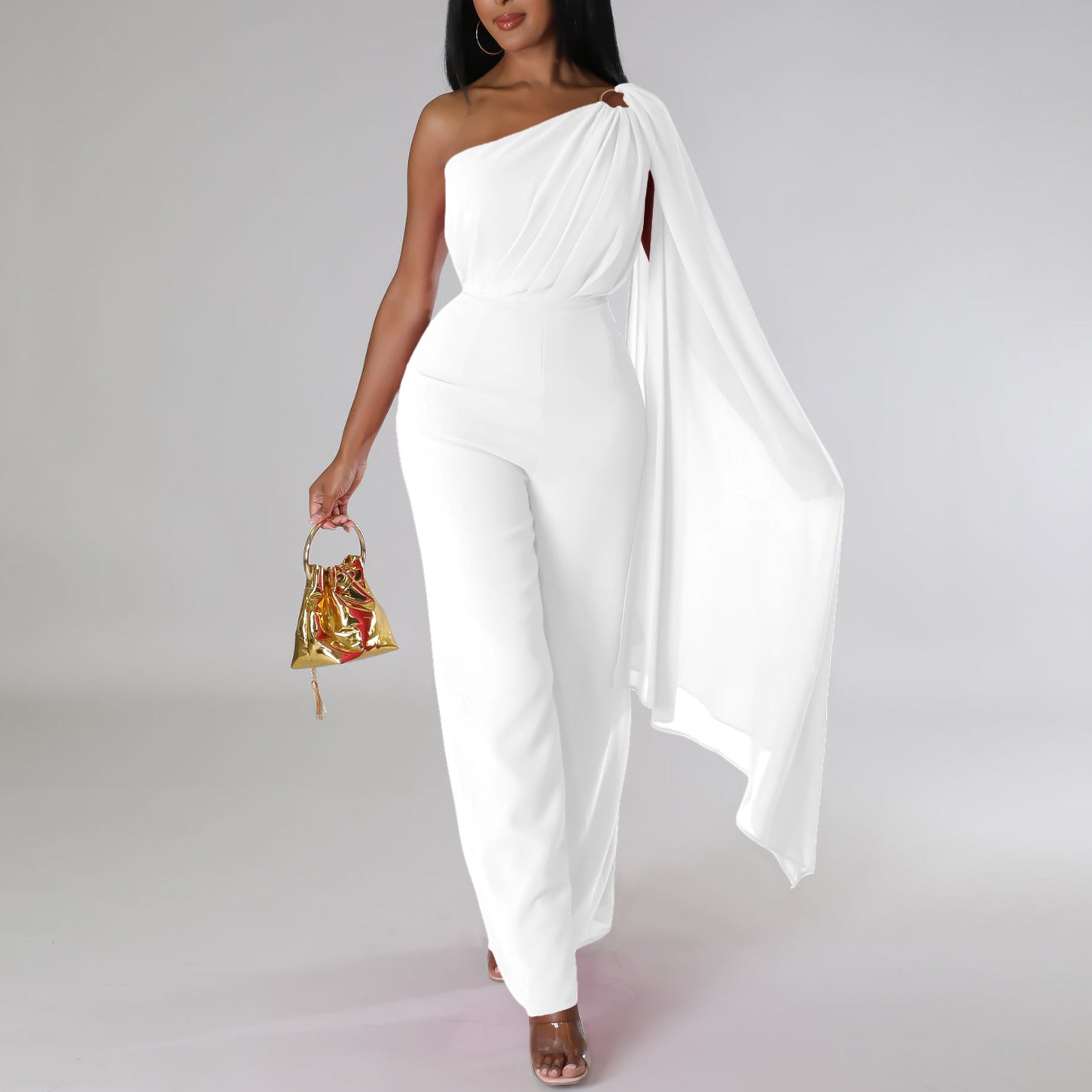 African Women's Solid Color Sexy One Shoulder Formal Party Fashion Jumpsuit 3