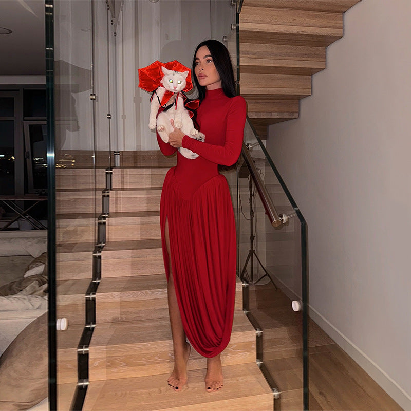 Autumn Solid Color High Neck Long Sleeve Slim Slit Pleated Long Dress 3