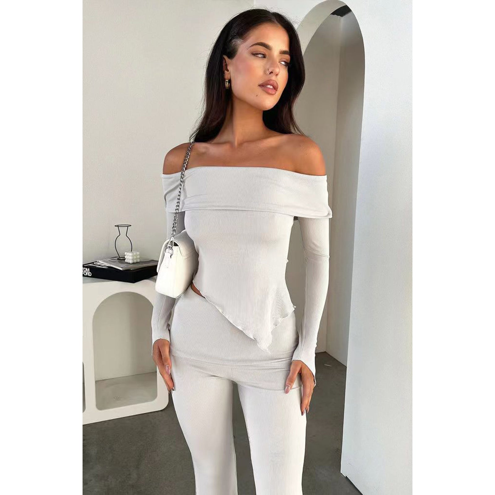 Women Irregular Off Shoulder Turndown Collar Top and Bell Bottom Pants Two-piece Set 4