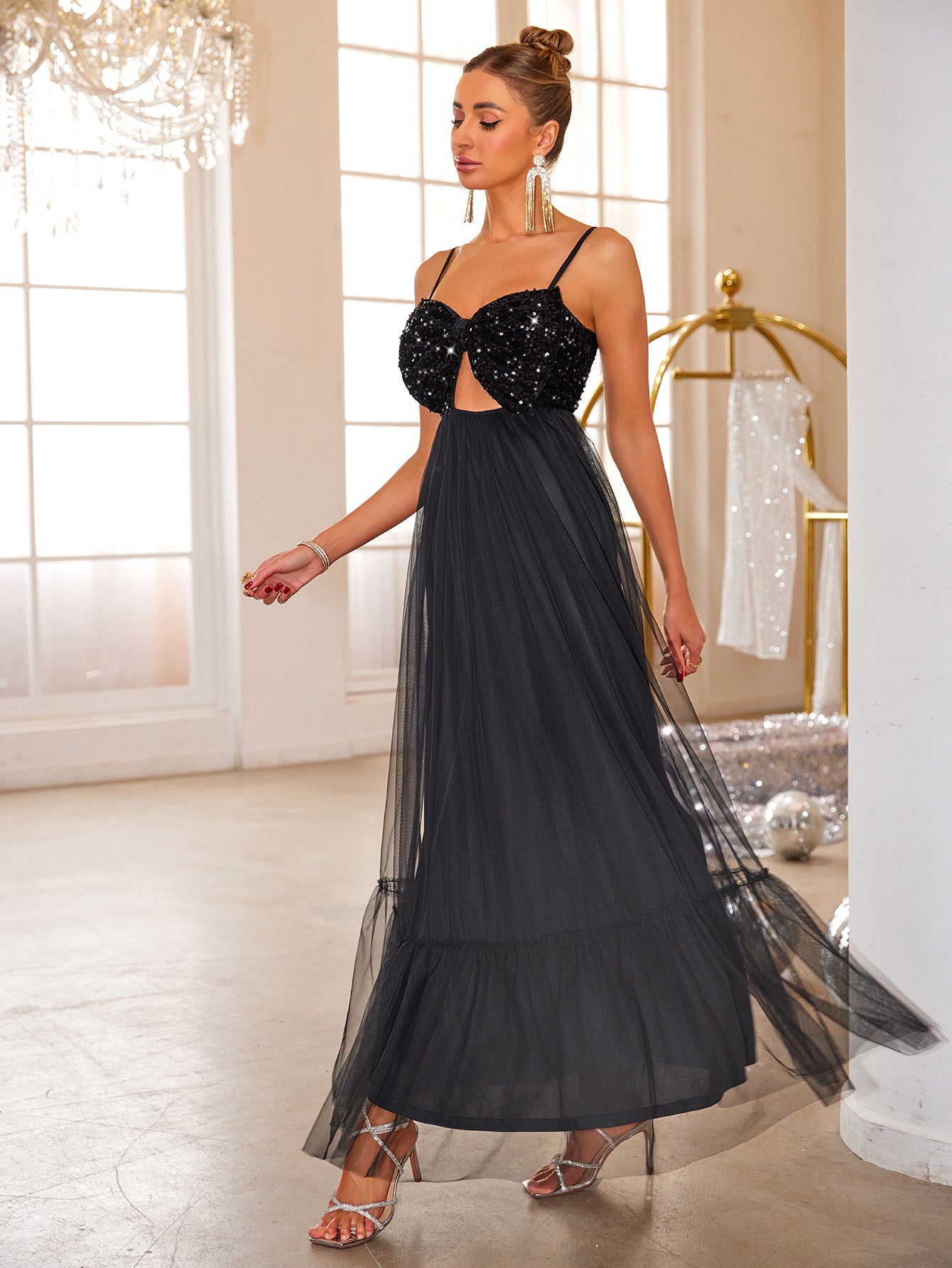 Mesh Sequin Strap Evening Dress Women's Long Formal Party Gown 4