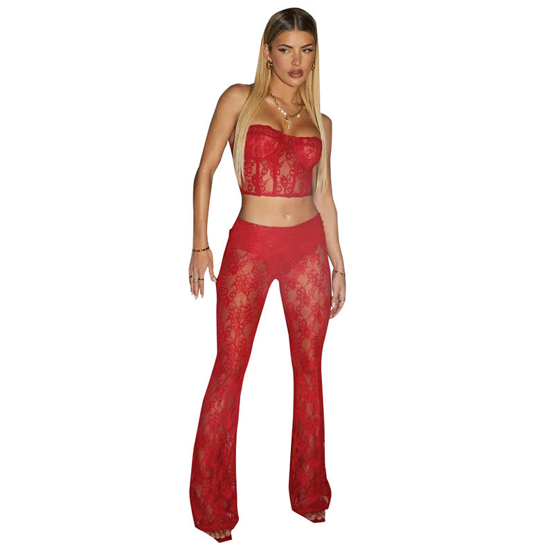 Women's Spring Solid Casual Lace Crop Strapless Top Slim Bell Bottom Pants Two Piece Set 6