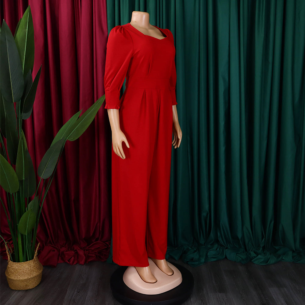 Plus Size African Women Long Sleeve Solid Loose Wide Leg Jumpsuit 15