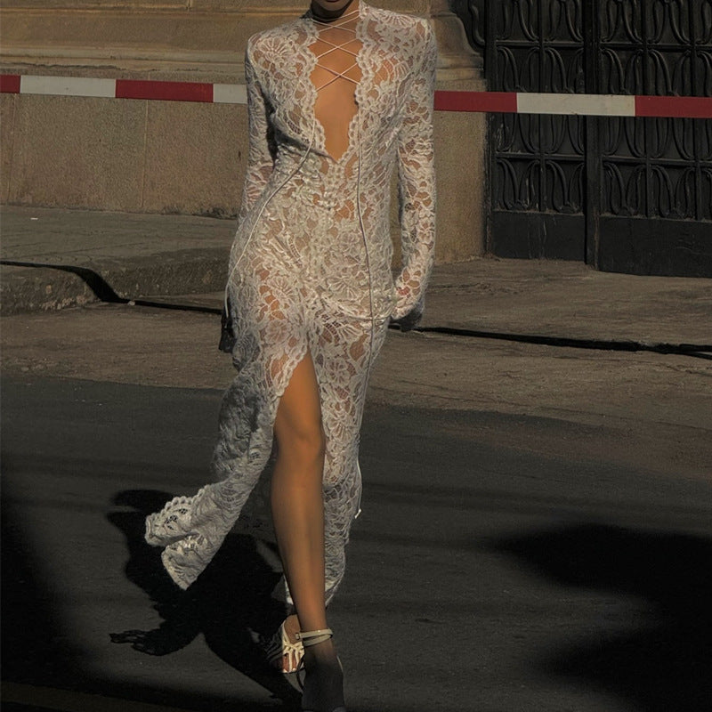 Autumn Sexy Lace Patchwork Fashion Street Slit Long Sleeve Dress 3