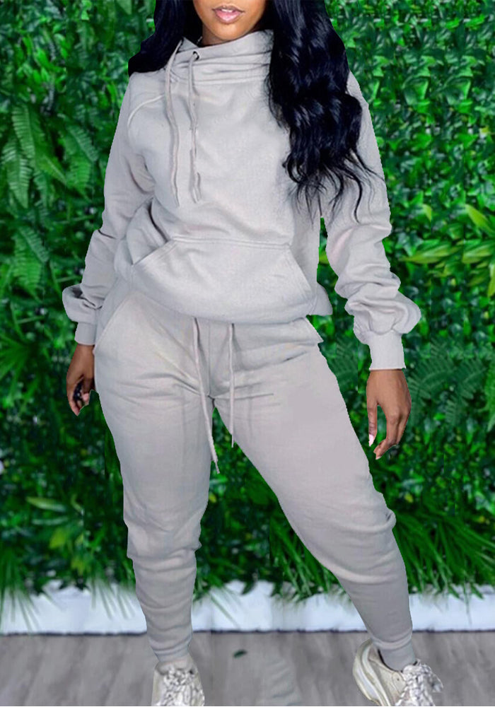 Women Casual Solid Long Sleeve Hooded Top+Pant Two Piece