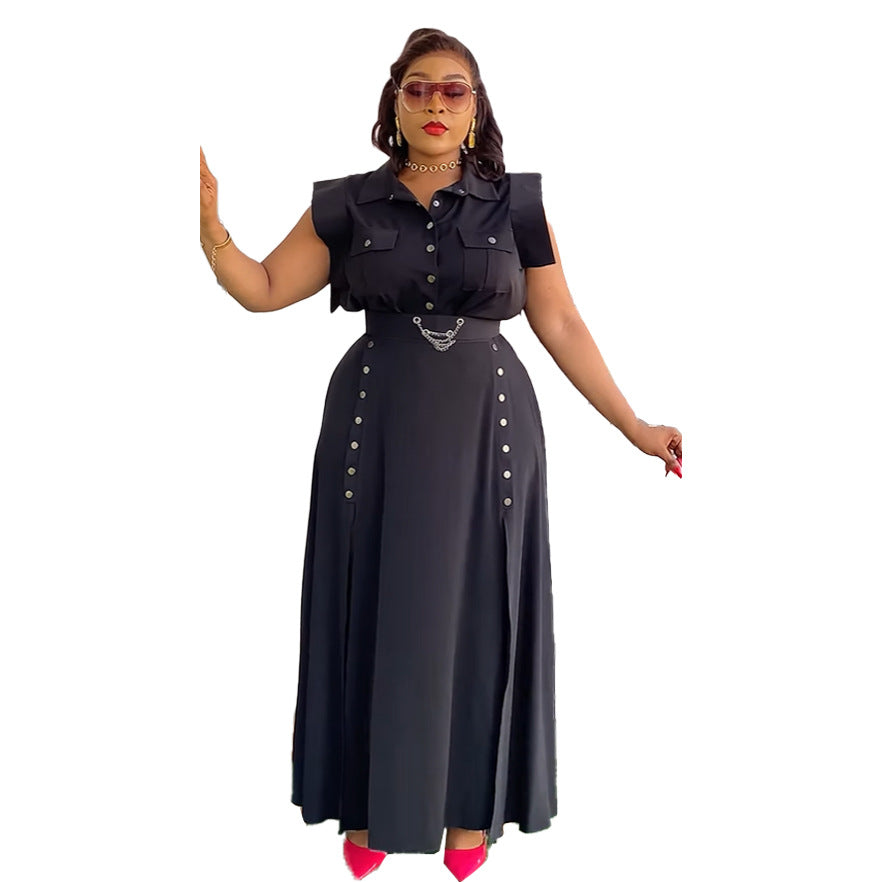 Elegant Career Solid Color Turndown Collar Sleeveless Shirt Slit Long Skirt Two-Piece Set 9