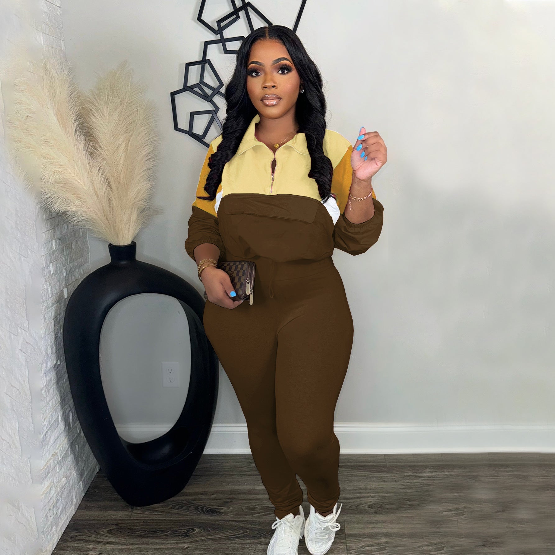 Autumn Contrast Color Zipper Patchwork Top Tight Fitting Pants Sports Two-Piece Set 5