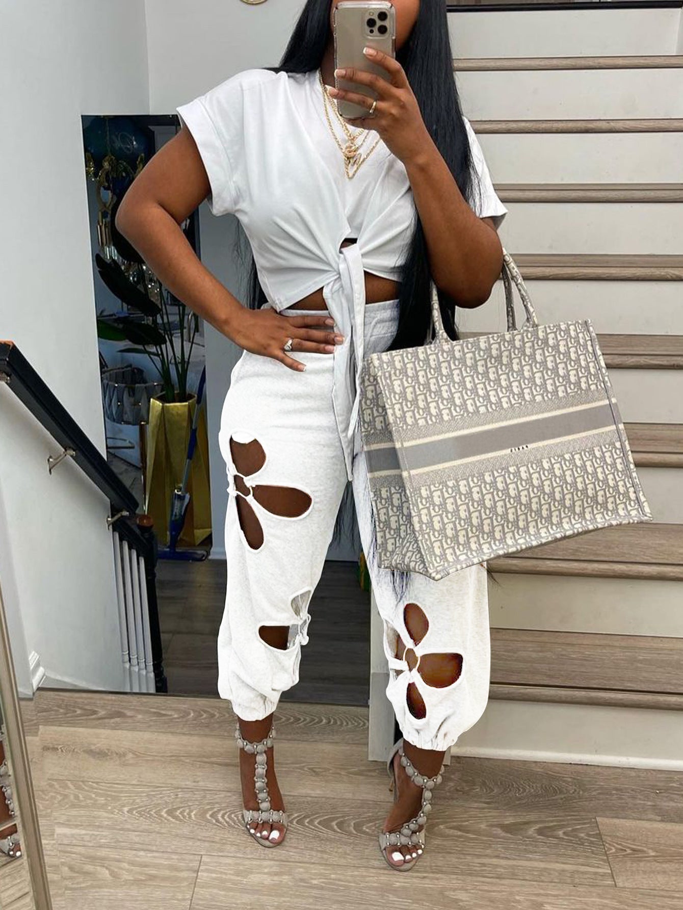 Summer Women’s Casual White T Shirt Floral Cut Sweatpants Set