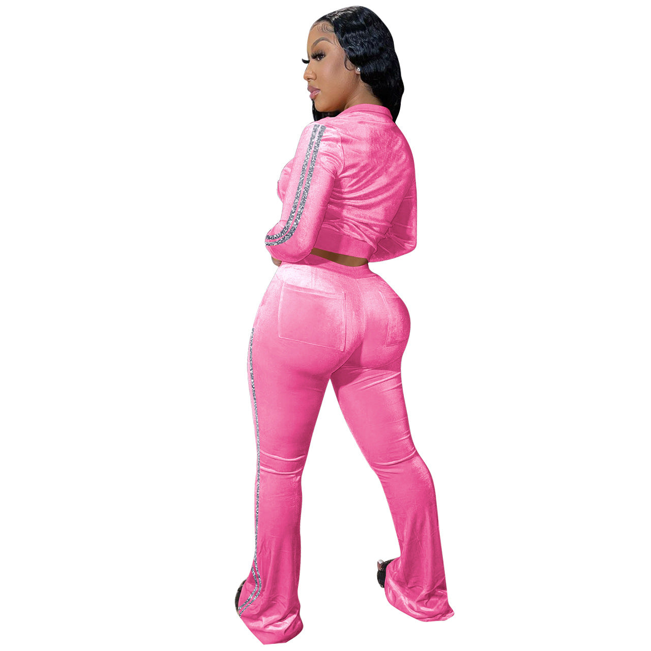 Women's Solid Velvet Casual Zip Top Wide Leg Pants Two Piece Tracksuit 55