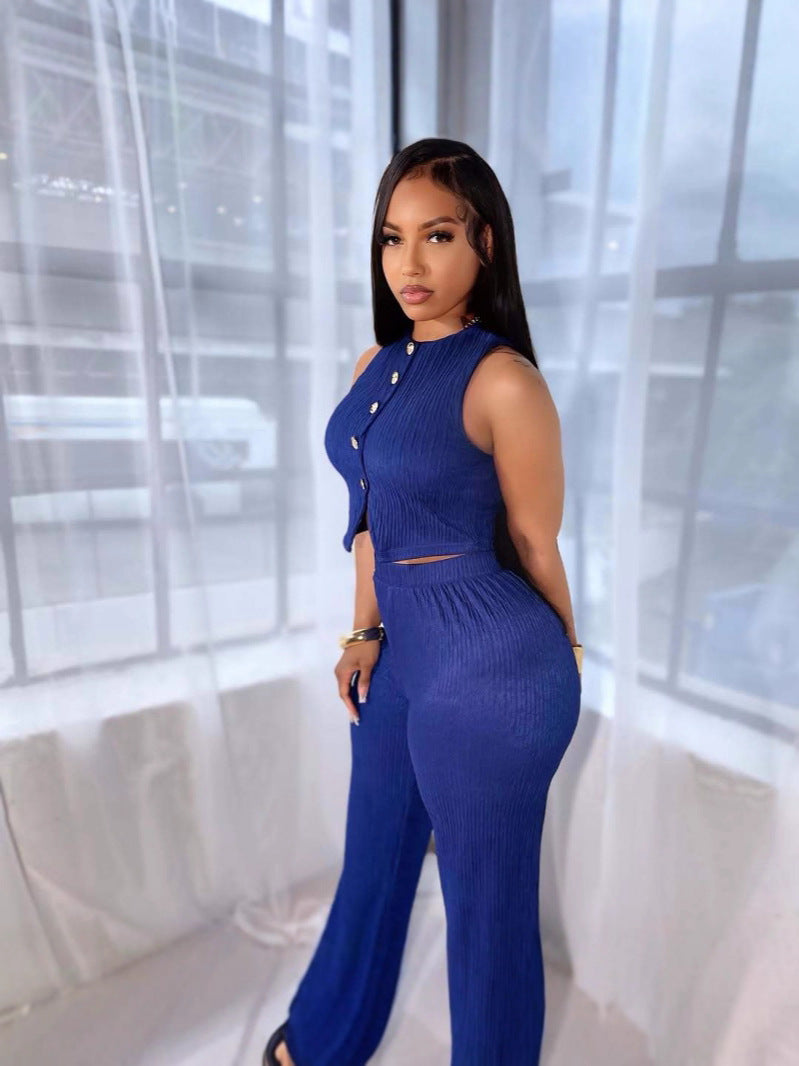 Women's Fashion Slim Vest High Waist Wide Leg Pants Two-Piece Set 4