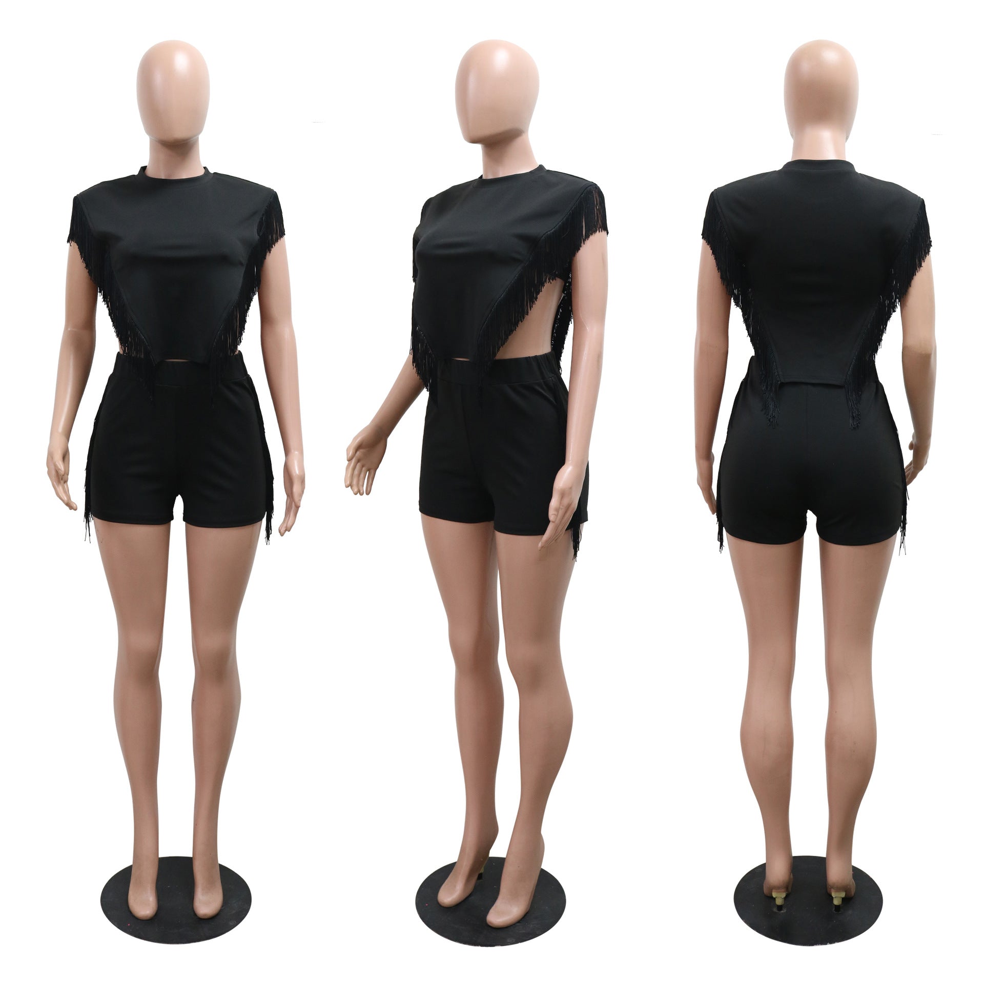 Fashionable Casual Solid Color Tassel Feminine Round Neck Top And Shorts Two-Piece Set 9