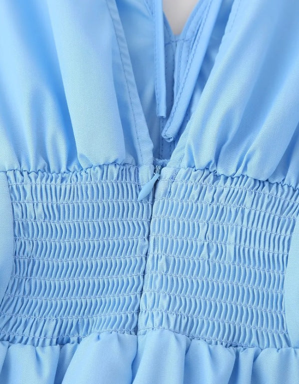 Women's Blue V-Neck Slim Waist Lace-Up Flower Bow Holidays Long Dress 18