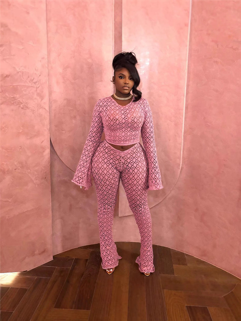 Women Sexy Lace Ripped See-Through Long Sleeve Crop Top and Pants Two Piece Set 4