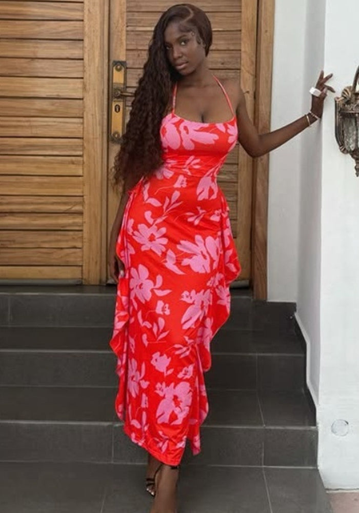 Women sexy suspender backless print dress