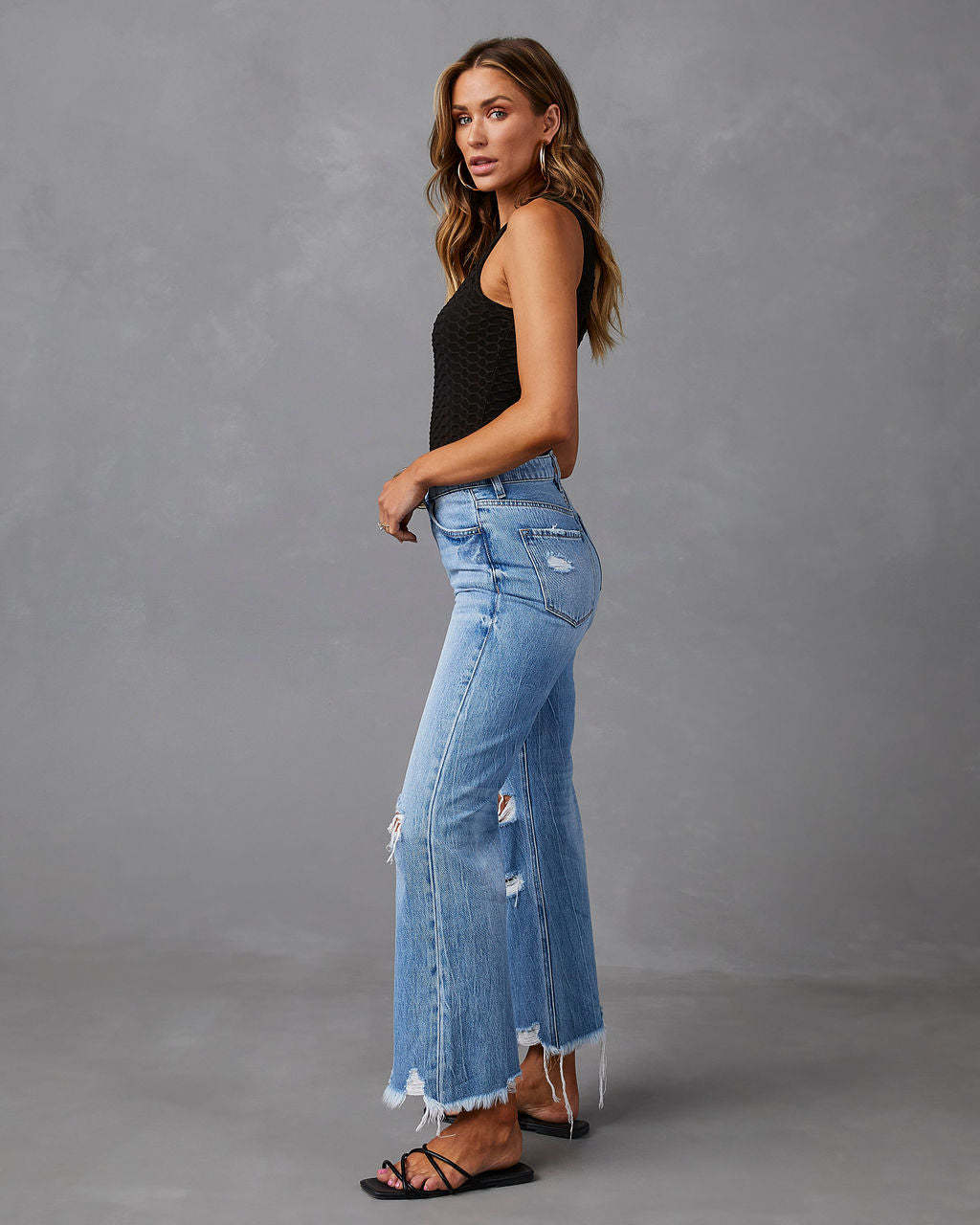 Tassels Washed Ripped Long Denim Pants Casual Wide-Leg Trousers 4
