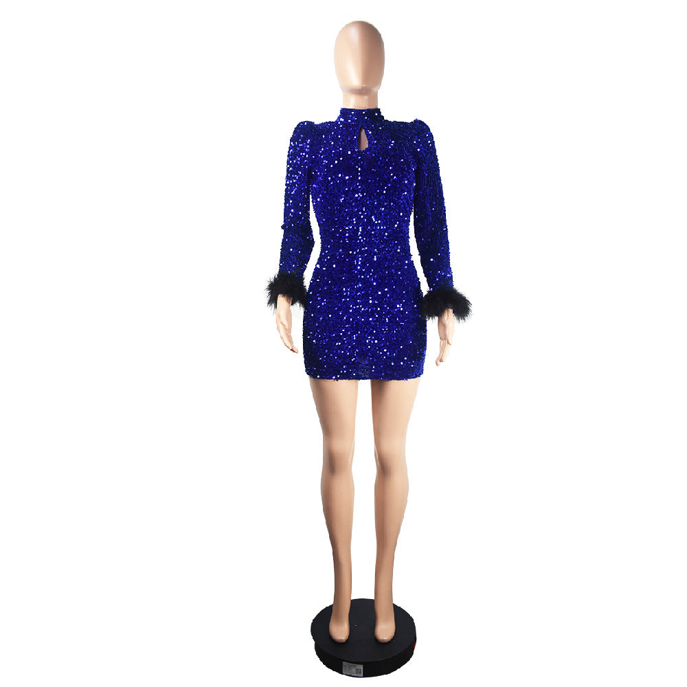 Fashion Cutout Long Sleeve Feather Low Back Sexy Cutout Sequin Nightclub Dress 21