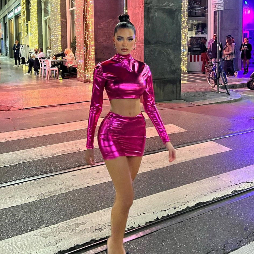 Autumn Sexy Rose Red Slim Long Sleeve Crop Two Piece Skirt Set