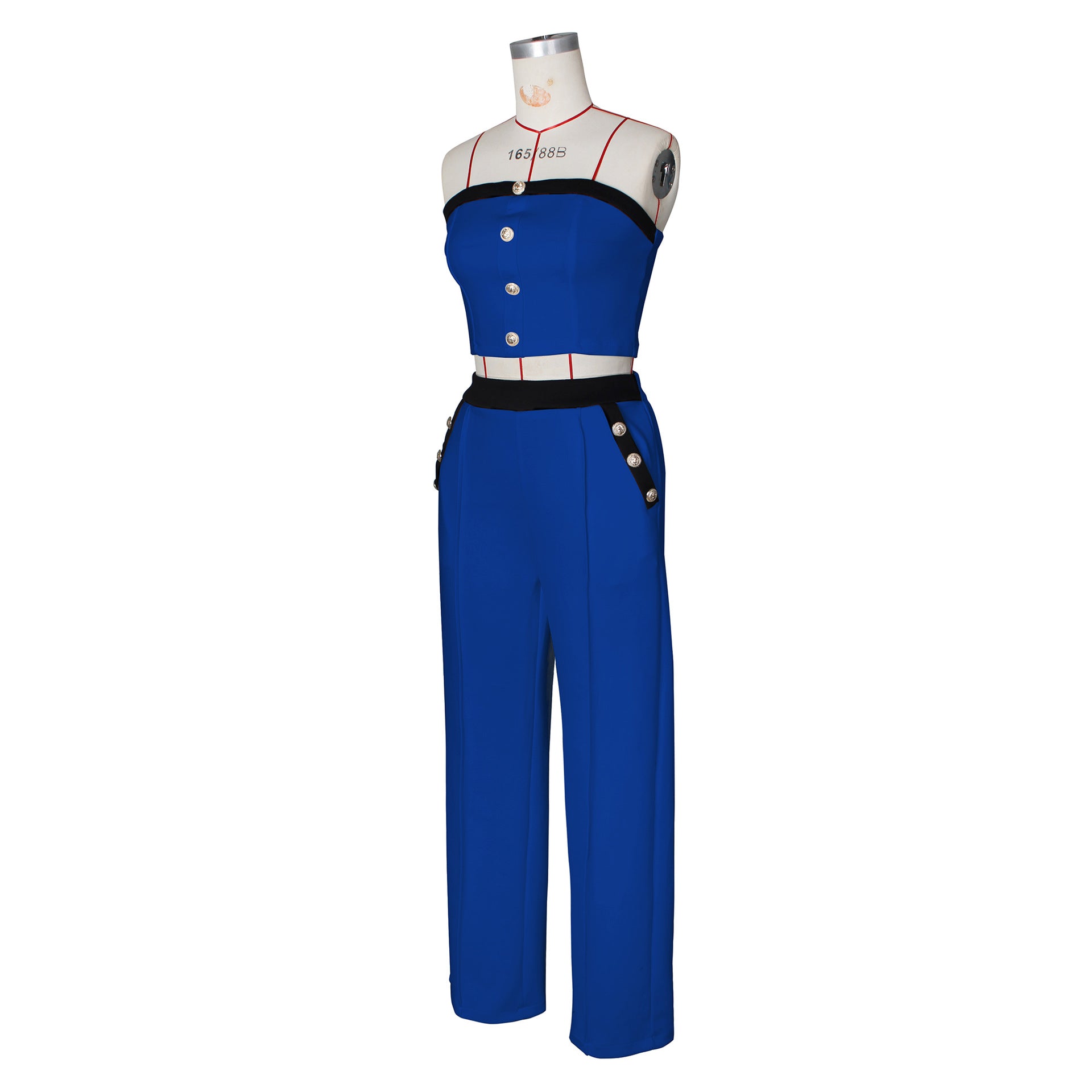 Sexy Color Blocked Decorative Button Straight High Waist Wide Leg Women's Pants Set 28