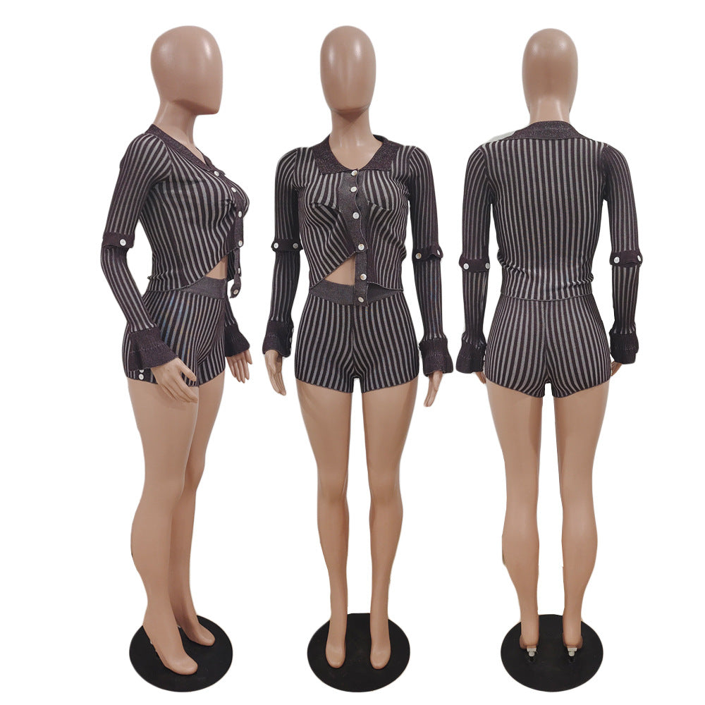 Women Striped Knitting Top and Shorts Two Piece Set 14