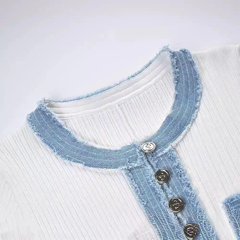 Denim Patchwork Round Neck Metal Button Slim Women's Knit Dress 9