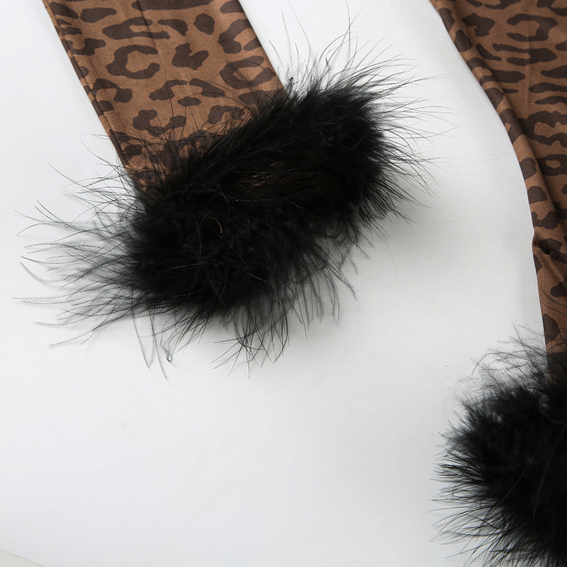 Fashionable Sexy Fur Patchwork Leopard Print Long-Sleeved Top Slim Mini Skirt Two-Piece Set 16