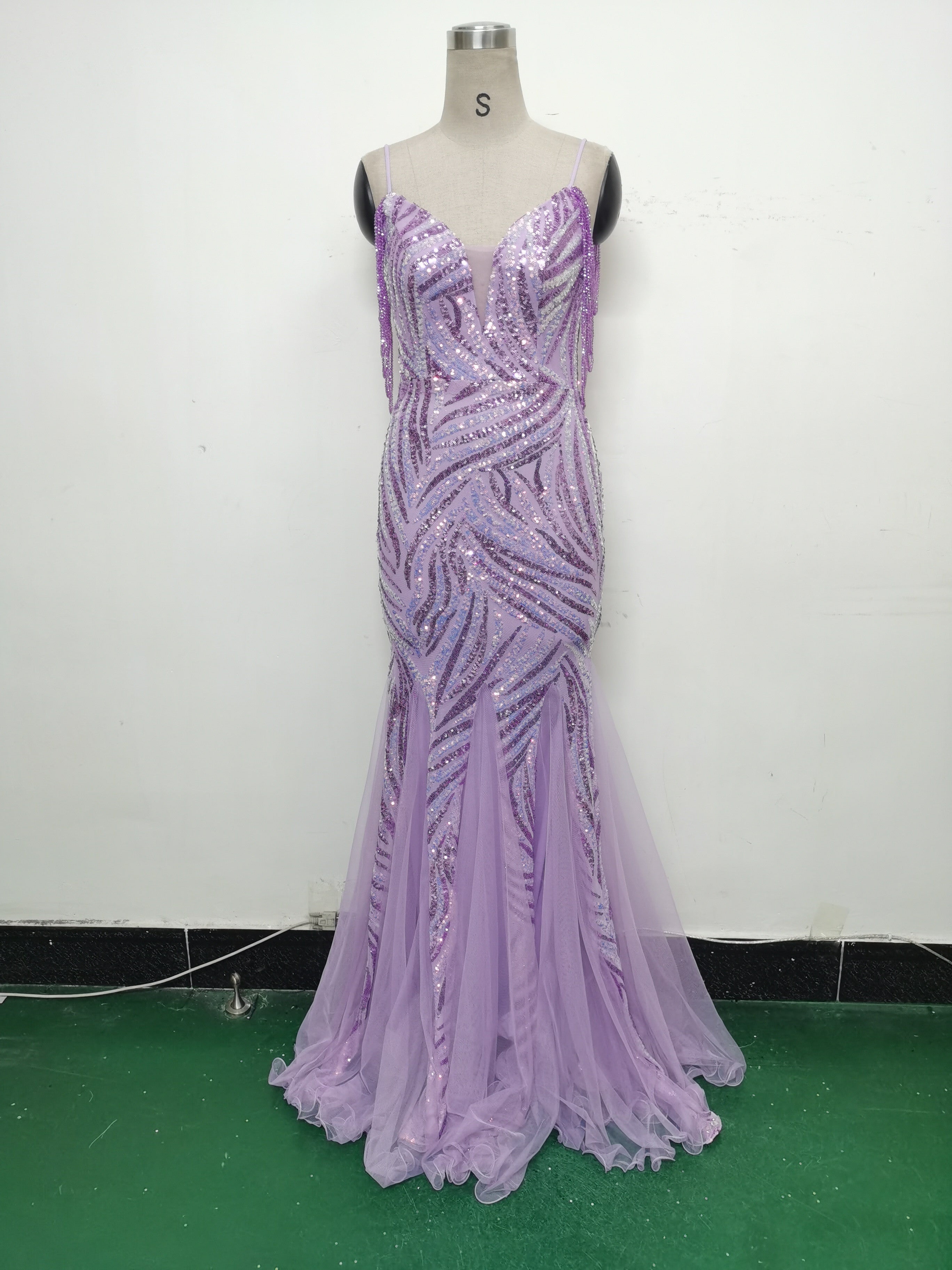 Sequin Patchwork Mesh strap luxury evening dress 42