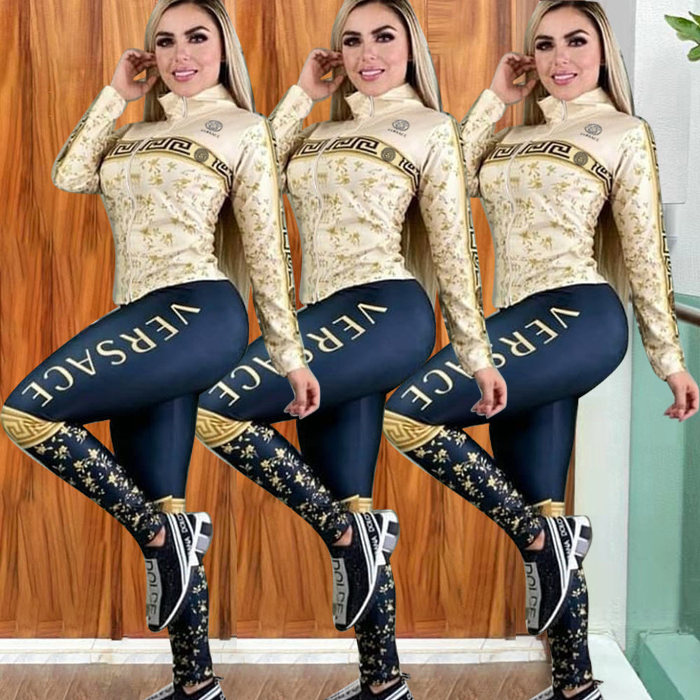 Women's Casual Fashion Color Block Print Long Sleeve Zipper Two-Piece Pants Set 10