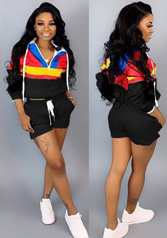 Women’s Casual Spring Color Block Patchwork Two-Piece Hooded Shorts Set