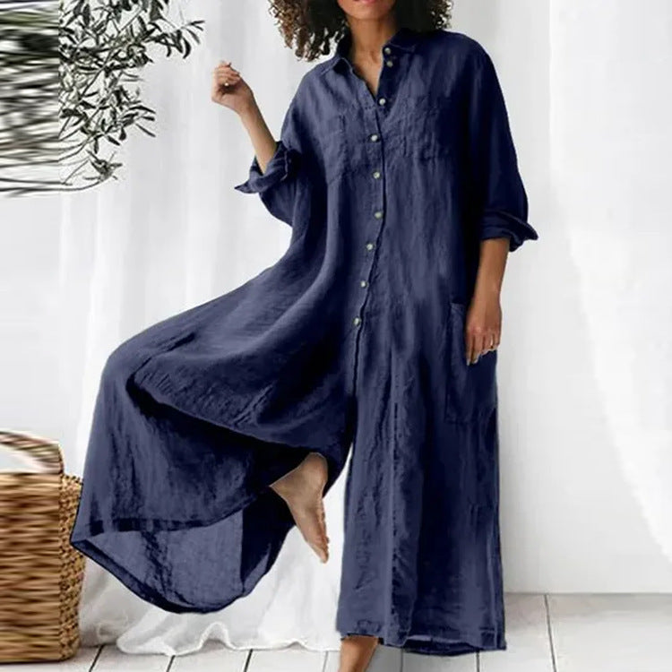 Solid color Casual long sleeve loose Women Linen Jumpsuit 3