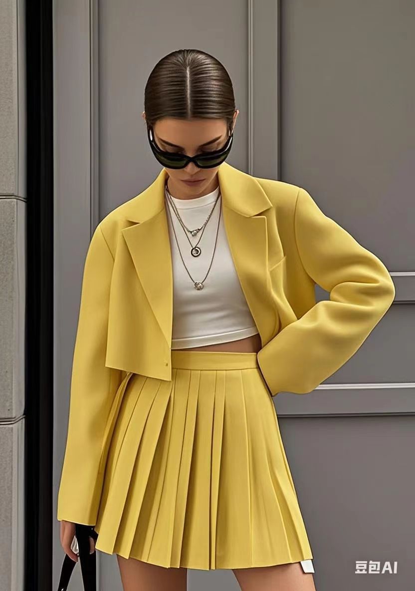 Spring and Summer Fashion Women's Short Blazer Pleated Skirt Set 5