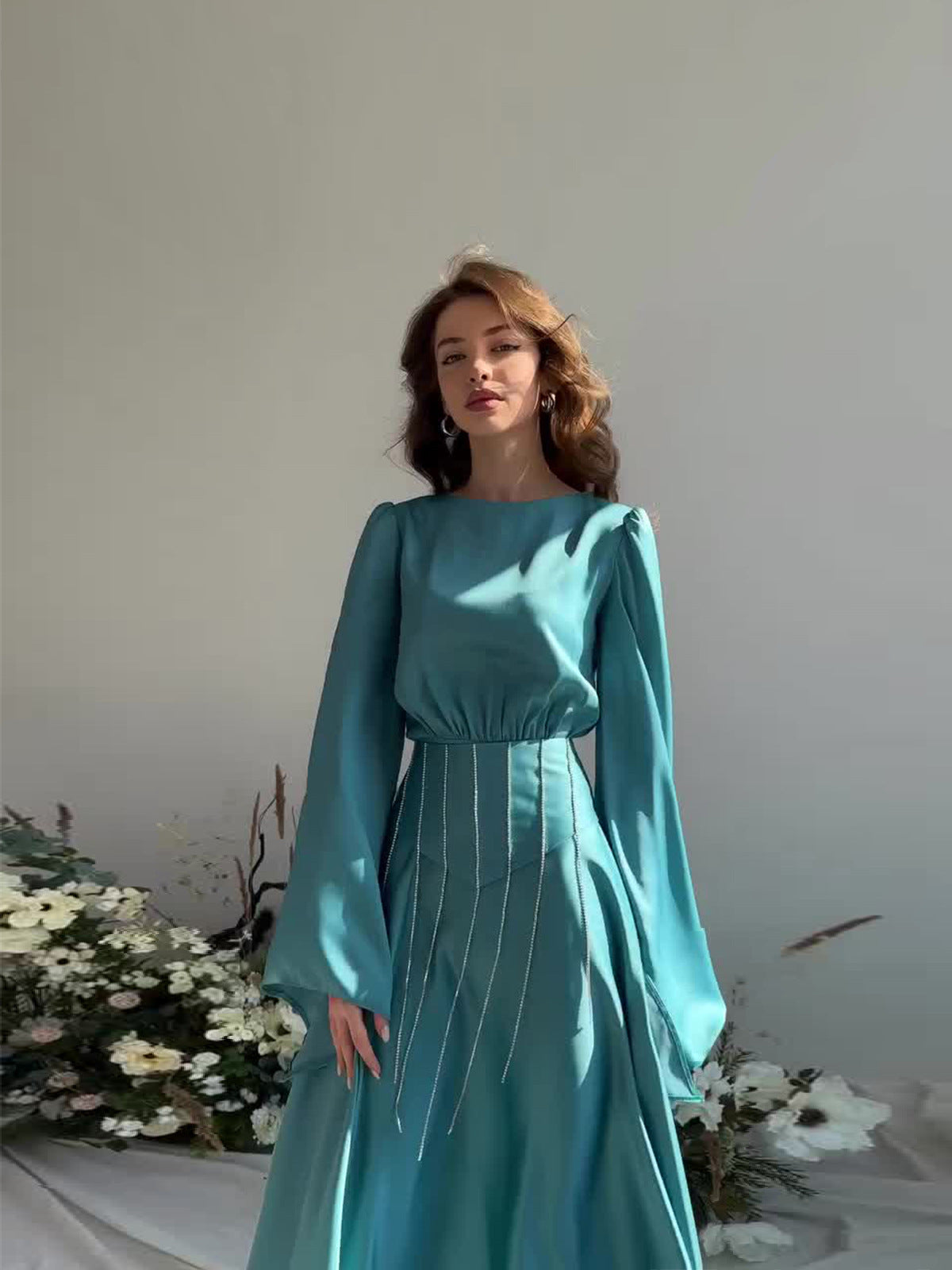 Spring Lace-Up Diamond Slim Waist Slim Fit Bell Bottom Sleeve Swing Dress 6