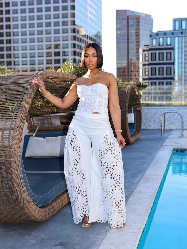 Women Lace Strapless Top and Pant Two-piece Set 4
