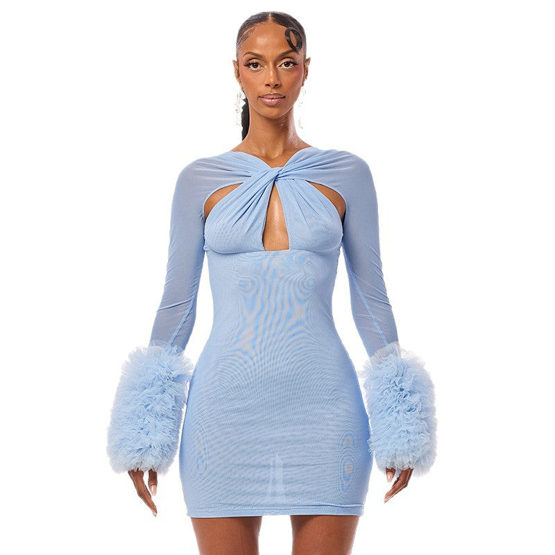 Women's Fashion Mesh Cross Cut-Out Long-Sleeve Fuzzy Sleeve Slim Bodycon Short Dress 7